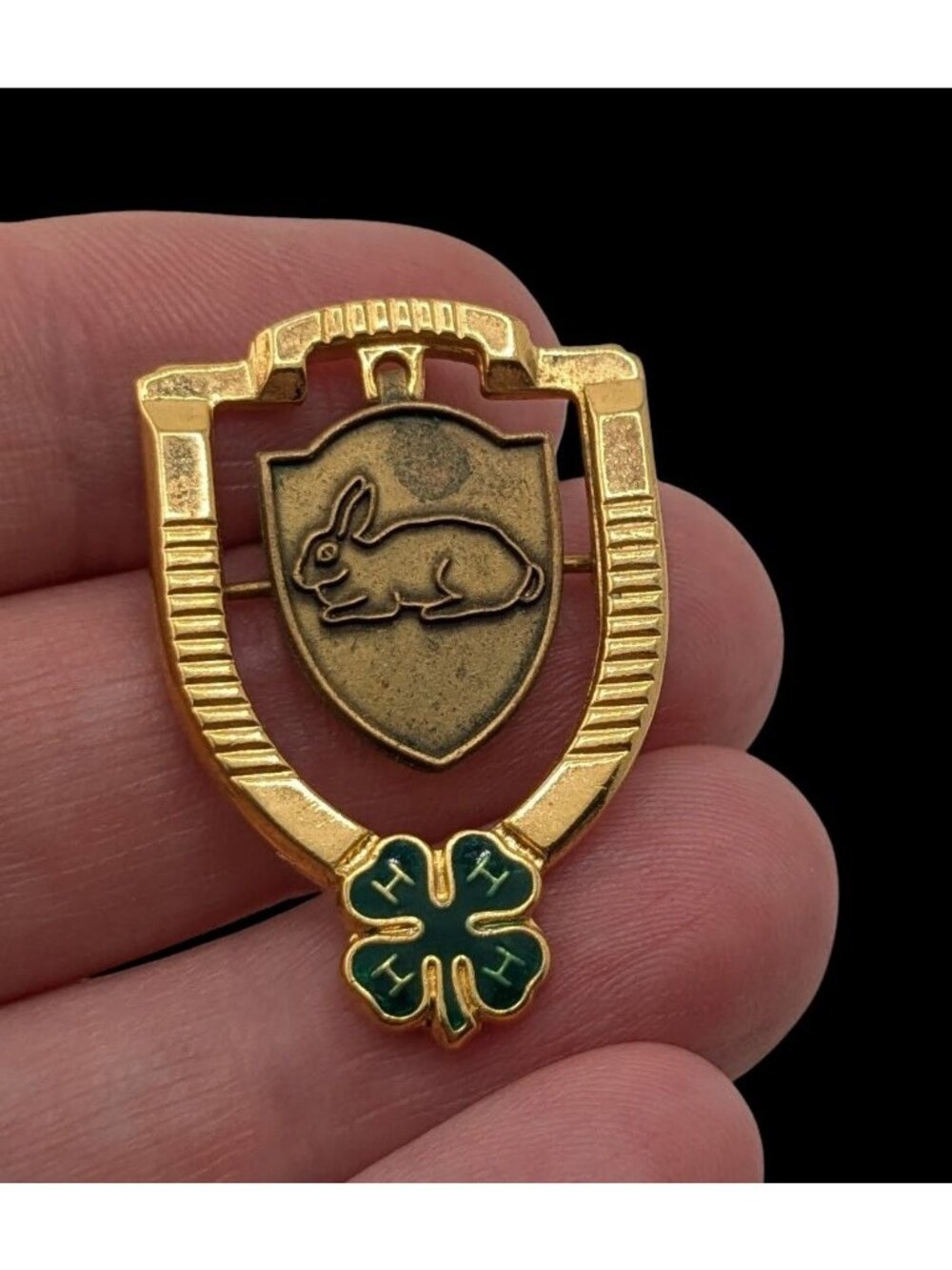 Vintage 4H Bunny Shield Gold Tone Pin With Green Enamel Clover & Dangle Accent